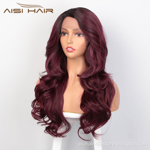 Aisi Hair New Design Long Wavy Ombre Red Wig Body Wave Swiss Lace Wig Cosplay Synthetic Lace Frontal Hair Wigs For Black Women